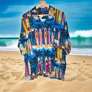 Original Hawaiian Shirt by Basix Surfboards Palm Trees Rayon Aloha Beach Vibes L